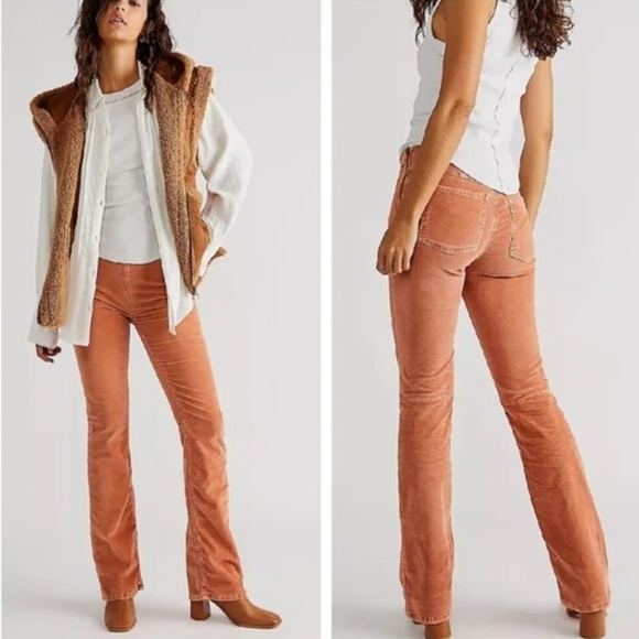 Free People Jenny High Rise Corduroy Slim Flare Jeans Pants Cognac Size 28 - Picture 1 of 9